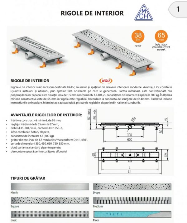 Rigola de interior MEDIUM cu gratar din inox lucios 650 mm
