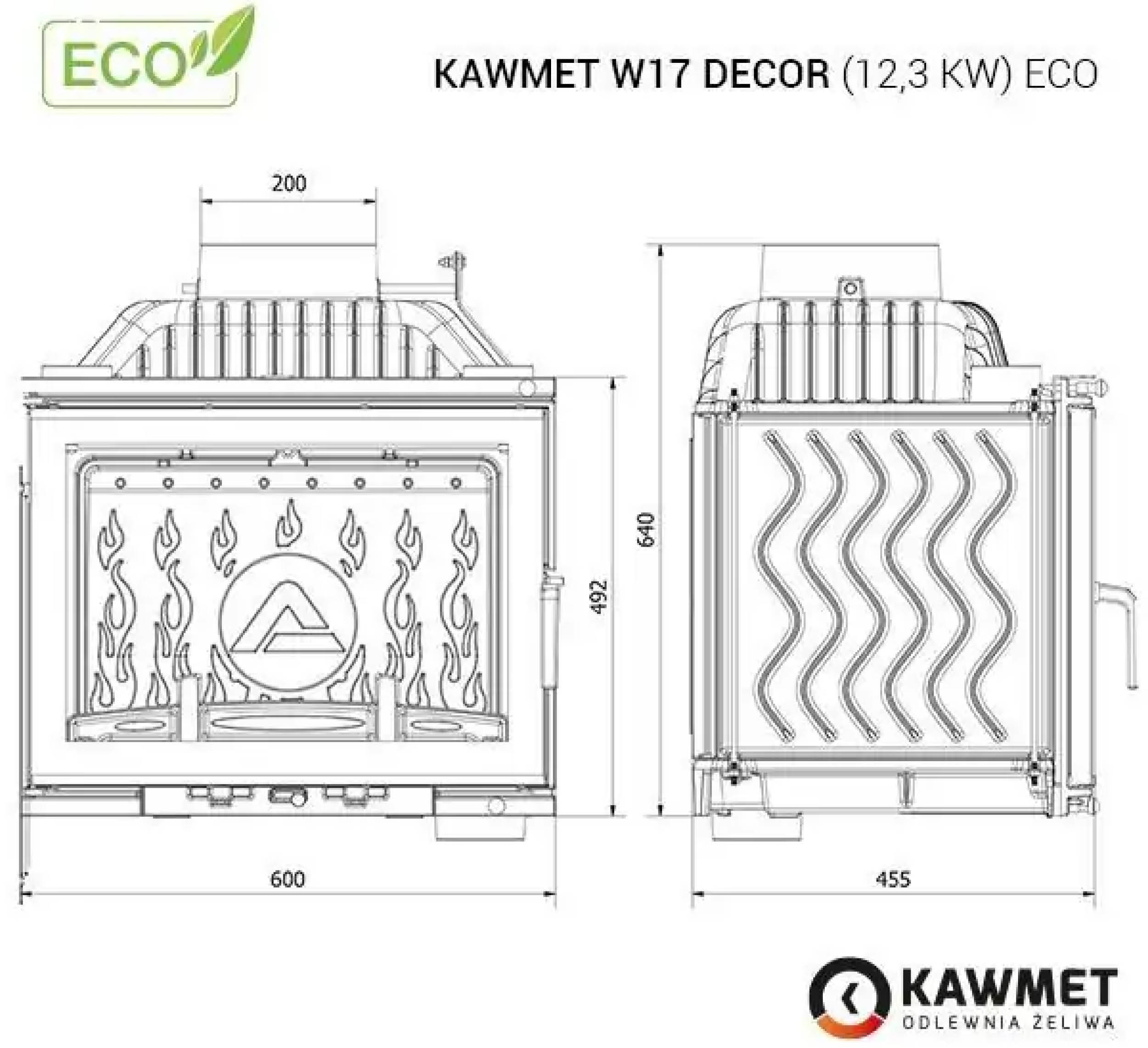 Focar pentru șemineu, Kawmet W17 Decor ECO, material fontă, putere 12,3 KW, randament 71,3%, clasa energetică A, certificat EcoDesign. Garanție 5 ani!