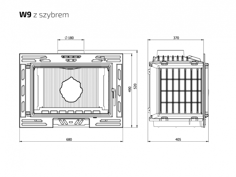 Focar pentru șemineu, Kawmet W9, material fontă, putere 9,8 KW, randament 66%, clasa energetică B, certificat EcoDesign. Garanție 5 ani!