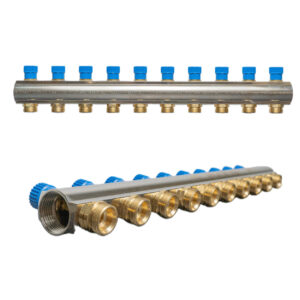 Distribuitor bara cu robineti, alama, 1” x 3/4”, 12 cai, rosu/albastru