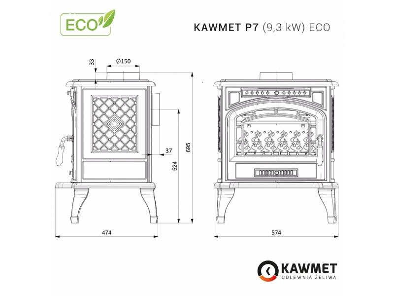 Sobă din fontă, Kawmet P7 ECO, putere 9,3 KW, randament 65,9%, clasa energetică B, certificat EcoDesign. Garanție 5 ani!