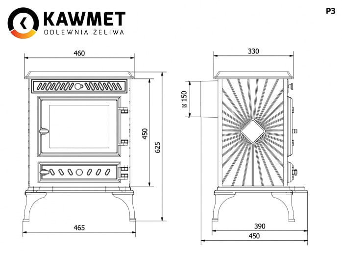 Sobă din fontă, Kawmet P3 ECO, putere 7,4 KW, randament 71,6%, clasa energetică A, certificat EcoDesign. Garanție 5 ani!
