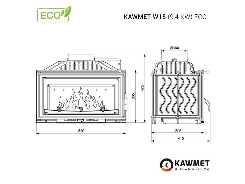 Focar pentru șemineu, Kawmet W15, material fontă, putere 9,4 KW, randament 63,7%, clasa energetică B, certificat EcoDesign. Garanție 5 ani!