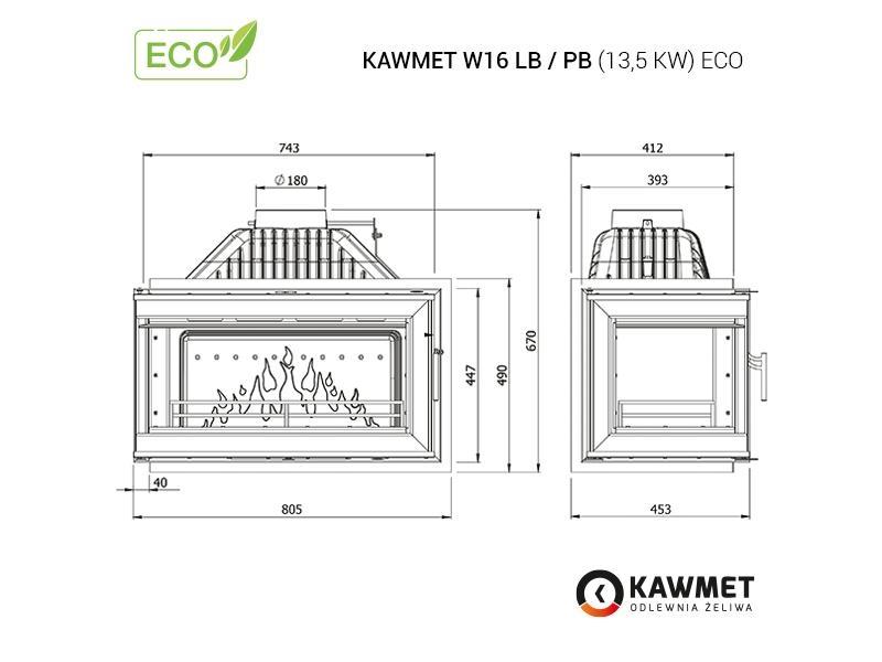Focar de colț dreapta (R), pentru șemineu, Kawmet W16 PB ECO, material fontă, putere 13,5 KW, randament 74,1%, clasa energetică A, certificat EcoDesign. Garanție 5 ani!