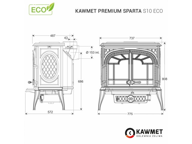 Sobă din fontă, KAWMET Premium SPARTA S10 ECO, putere 13,9 KW, randament 77%, clasa energetică A, certificat EcoDesign. Garanție 5 ani!