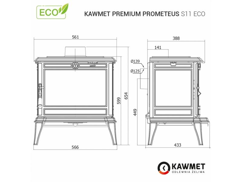 Sobă din fontă și căptușită cu vermiculită, KAWMET Premium PROMETEUS S11 ECO, putere 8,5 KW, randament 76%, clasa energetică A, certificat EcoDesign. Garanție 5 ani!