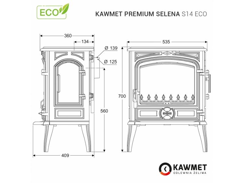 Sobă din fontă, KAWMET Premium SELENA S14 ECO, putere 6,5 KW, randament 76%, clasa energetică A, certificat EcoDesign. Garanție 5 ani!