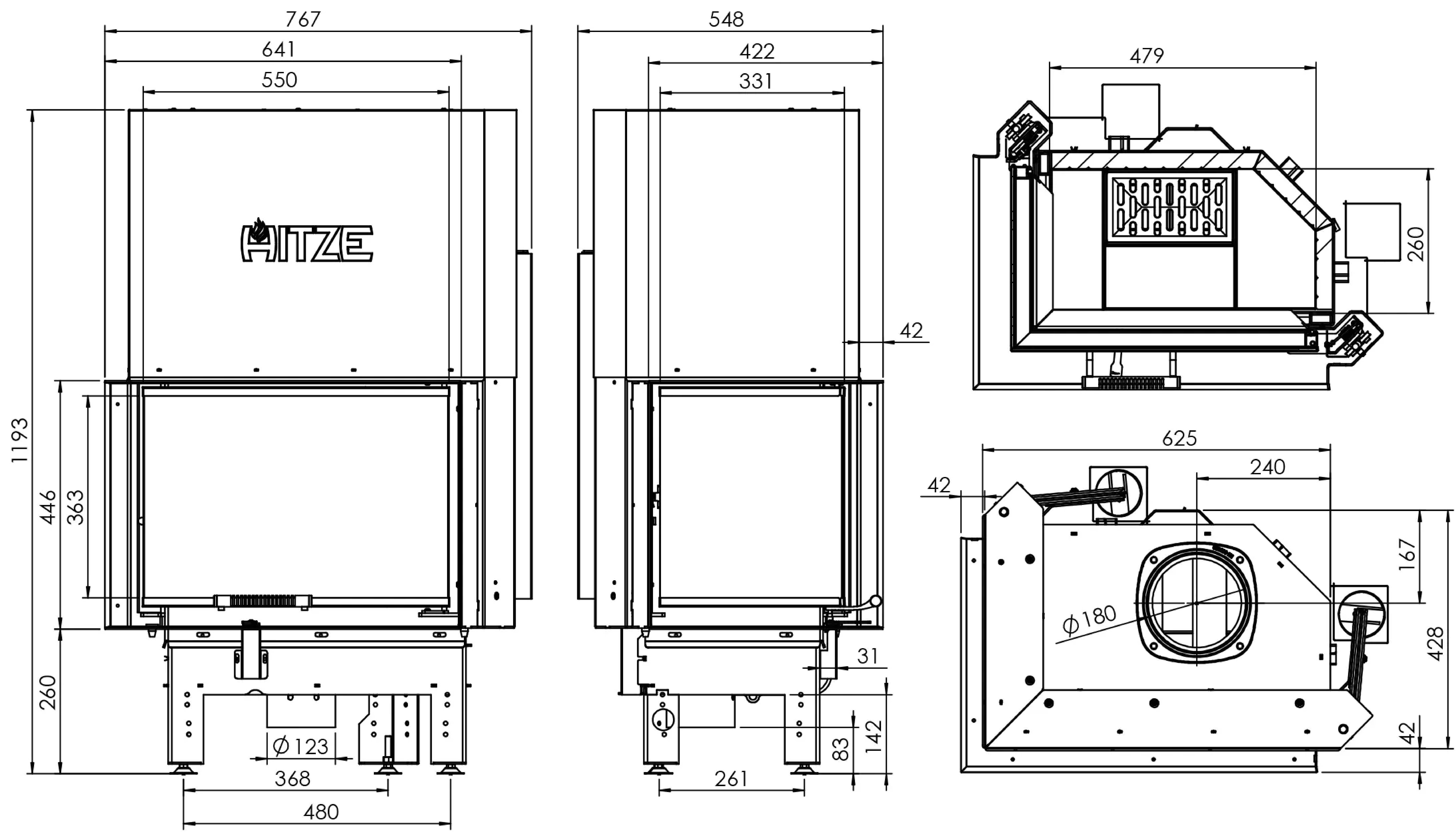 Focar pentru șemineu pe colt dreapta (R), Hitze Albero AL9RG.H-D, putere 9 KW, randament 78%, clasa energetică A+, certificat EcoDesign. Garanție 5 ani!