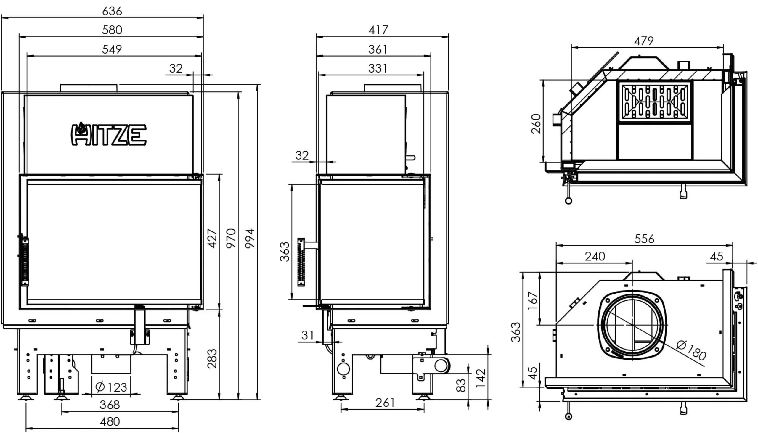 Focar pentru șemineu pe colt stânga (L), Hitze Albero AL9L.H-D, putere 9 KW, randament 78%, clasa energetică A+, certificat EcoDesign. Garanție 5 ani!