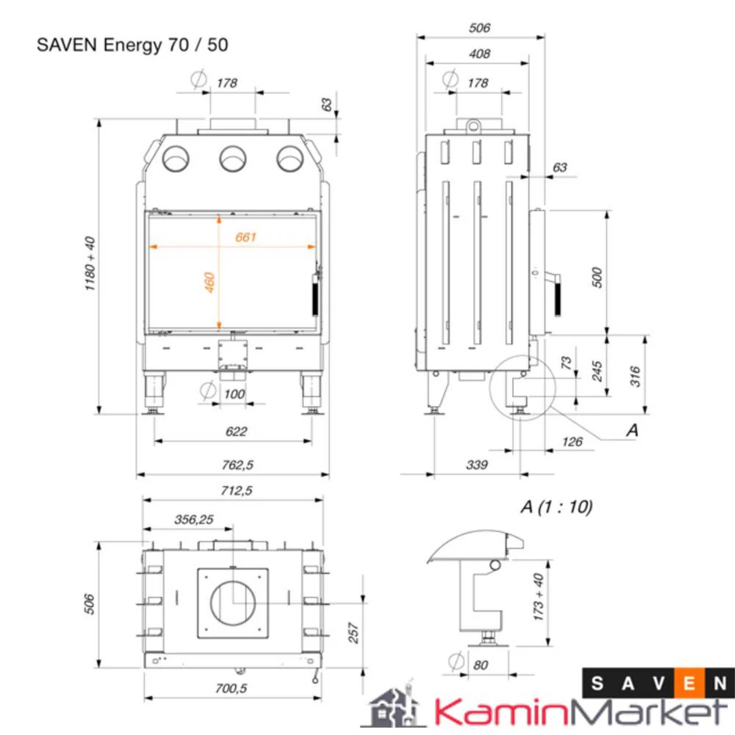 Focar pentru șemineu, SAVEN Energy 70x50 mm ECO, putere 15,1 KW, randament 78%, clasa energetică A+, certificat EcoDesign. Garanție 5 ani!
