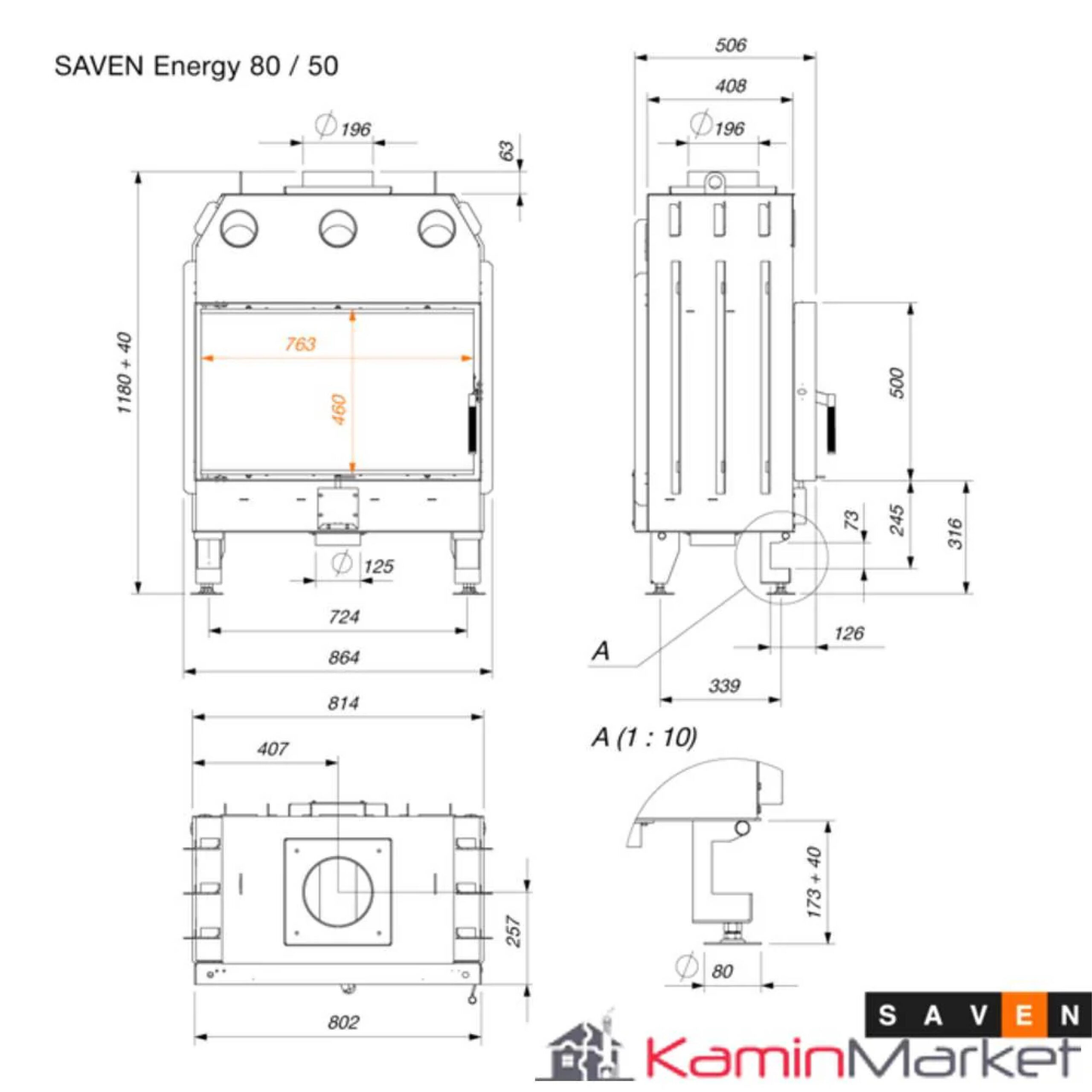 Focar pentru șemineu, SAVEN Energy 80x50 mm ECO, putere 17 KW, randament 81,2%, clasa energetică A+, certificat EcoDesign. Garanție 5 ani!