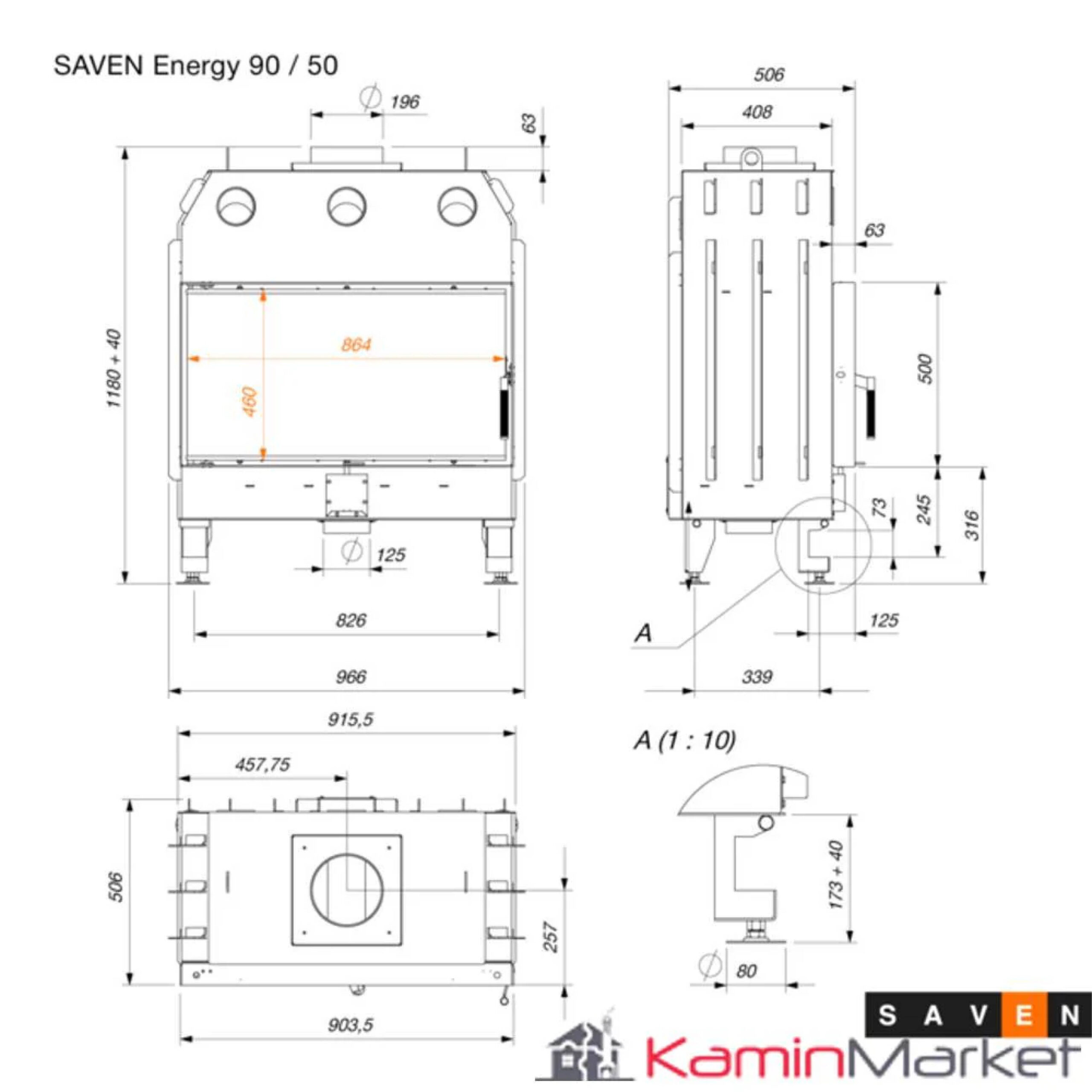 Focar pentru șemineu, SAVEN Energy 90x50 mm ECO, putere 19 KW, randament 82 %, clasa energetică A+, certificat EcoDesign. Garanție 5 ani!