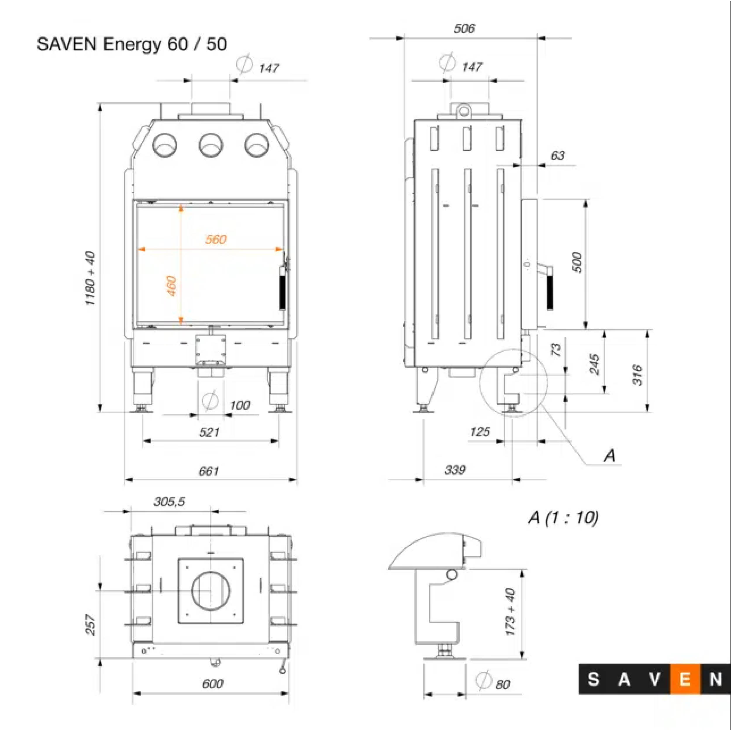 Focar pentru șemineu, SAVEN Energy 60x50 mm ECO, putere 14,5 KW, randament 78,1%, clasa energetică A+, certificat EcoDesign. Garanție 5 ani!