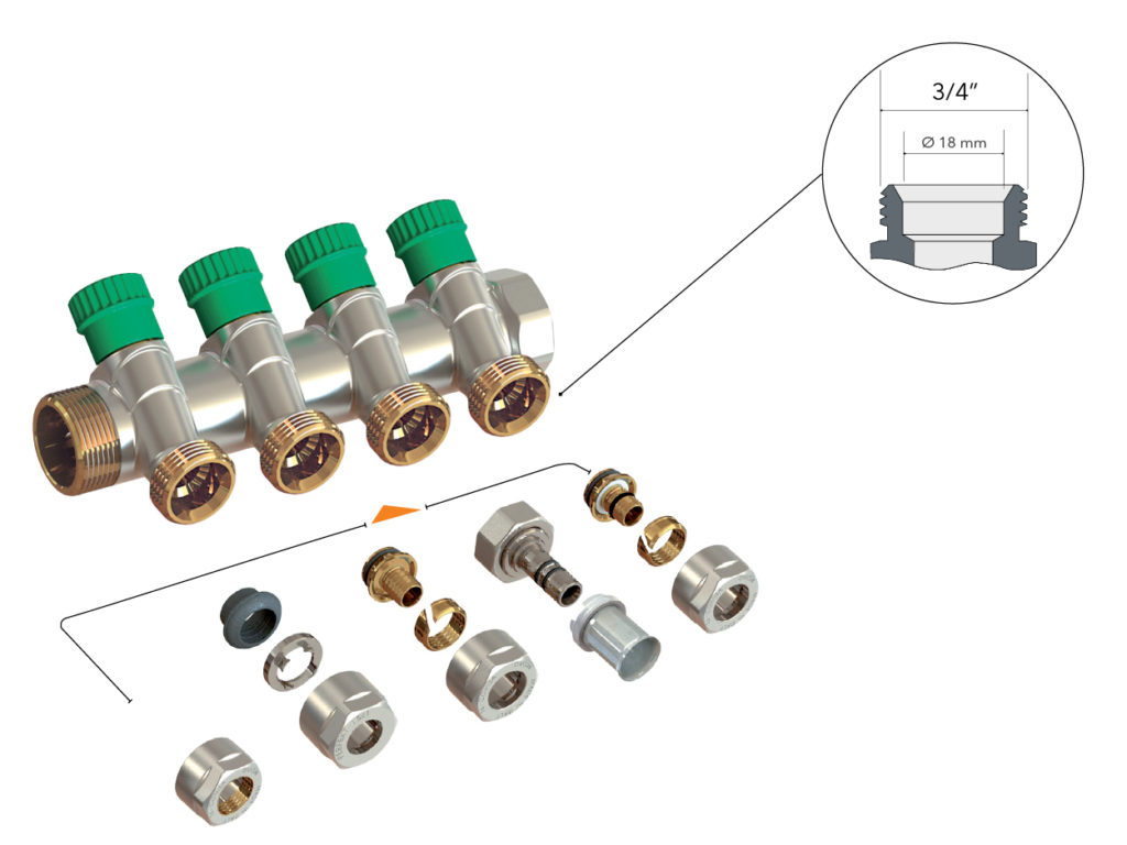 Distribuitor modular cu robineti Comisa 1" 3 cai 3/4" - verde