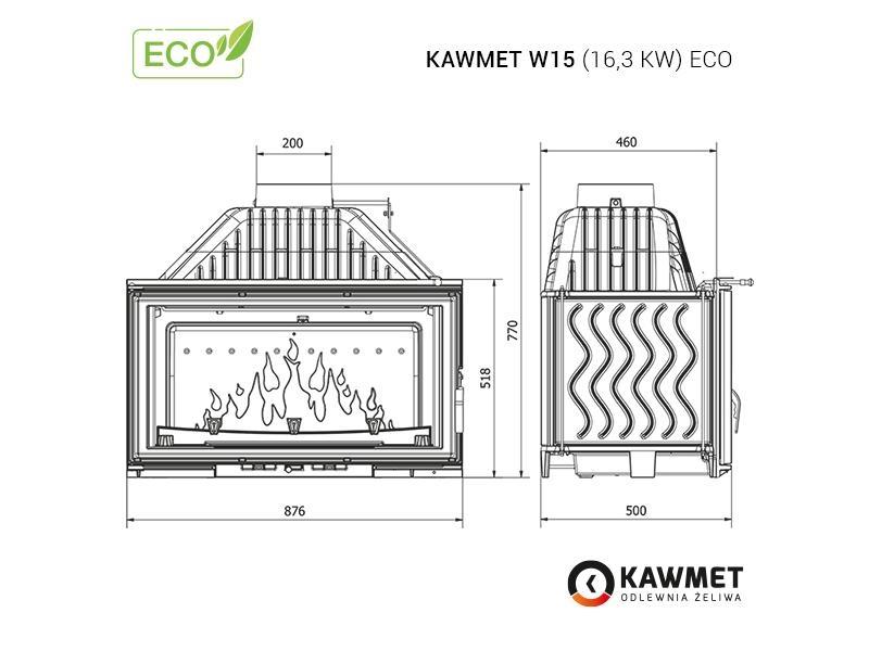 Focar pentru șemineu, Kawmet W15, material fontă, putere 16,3 KW, randament 80,4%, clasa energetică A, certificat EcoDesign. Garanție 5 ani!
