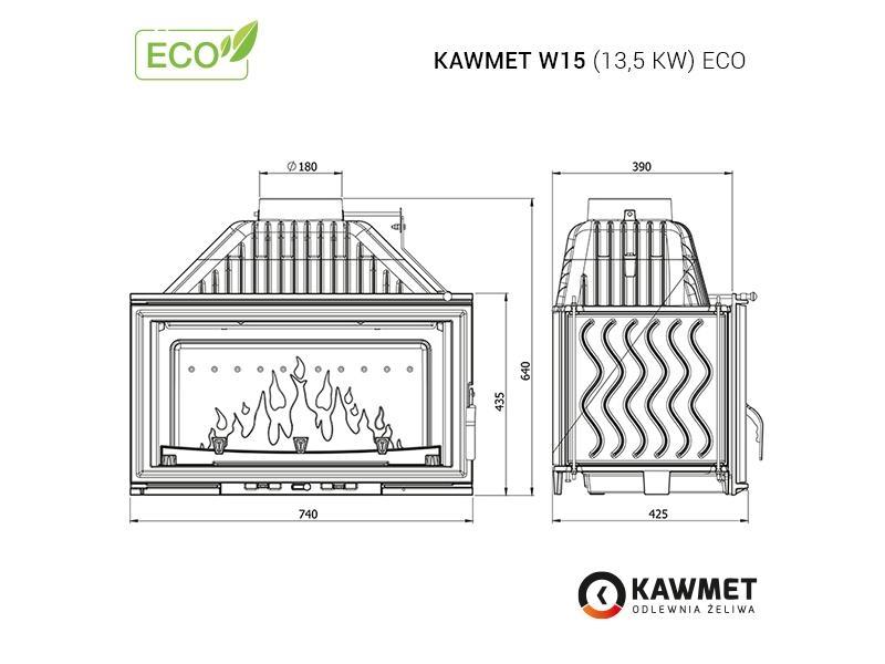 Focar pentru șemineu, Kawmet W15, material fontă, putere 13,5 KW, randament 80,4%, clasa energetică A, certificat EcoDesign. Garanție 5 ani!