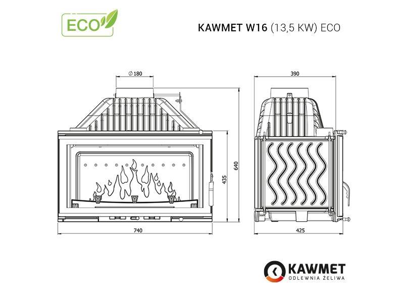 Focar pentru șemineu, Kawmet W16, material fontă, putere 13,5 KW, randament 80,4%, clasa energetică A, certificat EcoDesign. Garanție 5 ani!