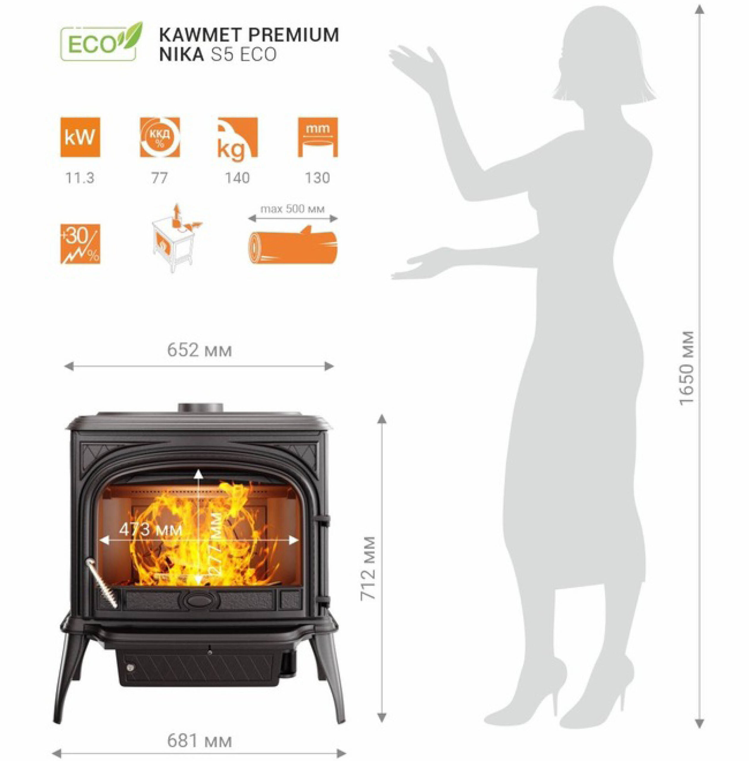 Sobă din fontă, Kawmet Premium NIKA S5 ECO, putere 11,3 KW, randament 77%, clasa energetică A, certificat EcoDesign. Garanție 5 ani!