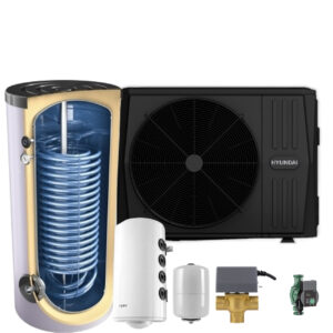 Pachet pompa de caldura aer-apa Hyundai R32, monobloc 8 kw, boiler 200 litri, puffer si accesorii