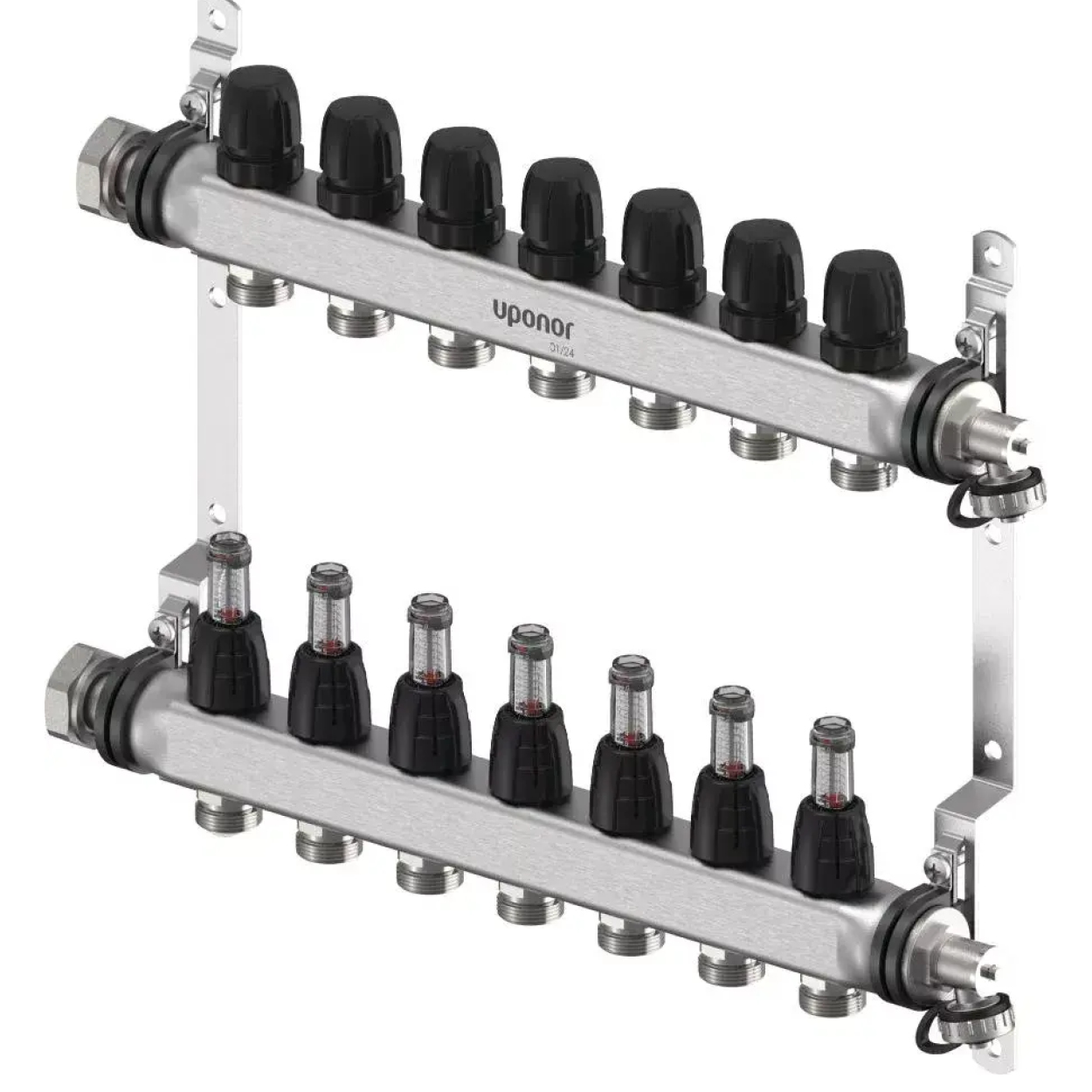 Uponor Vario S distribuitor cu debitmetre FM 2xG3_7 Euro Distribuitor cu debitmetre Uponor Vario S, inox, 1” ieșiri 3/4” Eurocon - 7 căi