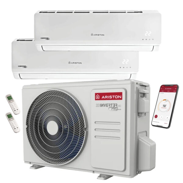 Aer conditionat dublu split, Ariston Prios 50, 9000 + 12000 BTU, unitate externa 18000, Wi-Fi, Clasa A++/A+