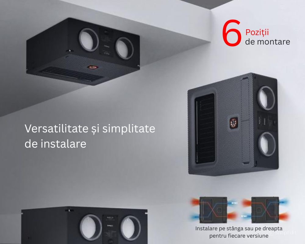Unitate de ventilație centralizată, ARIA VITALE PLATINUM de la HEATPEX, cu recuperare de căldură, eficiență >90%, filtru F7 pe admisie, M5 pe evacuare, 6 poziții de montare, garanție 5 ani.