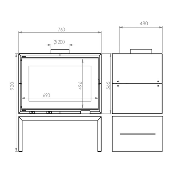 Sobă șemineu - A.Caminetti, Model Panorama 75 - Geam panoramic 1 suprafață vitrată, 9 KW, randament >75% , instalare rapidă, Garanție 5 ani.