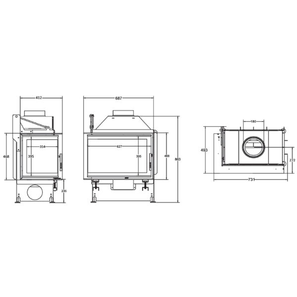 Focar de șemineu - A.caminetti Quattro 60 L PRO OPEN SIDE - Colț panoramic stânga (L), 2 suprafețe vitrate, 12 KW, randament >75%, încorporabil, Garanție 5 ani.