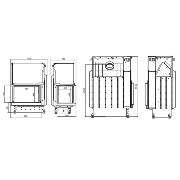 Focar de șemineu - A.caminetti Quattro 70 R Premium Edition - Colț panoramic dreapta (R), 2 suprafețe vitrate, 13 KW, randament >80%, încorporabil, Garanție 5 ani.