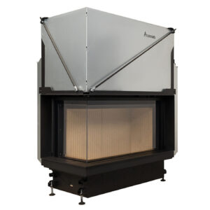 Focar de șemineu - A.caminetti Quattro 90 L Premium Edition - Colț panoramic stânga (L), 2 suprafețe vitrate, 14.8 KW, randament >80%, încorporabil, Garanție 5 ani.