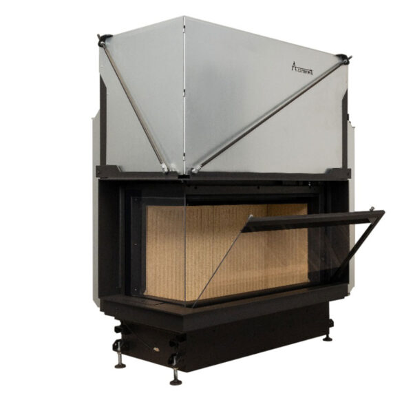 Focar de șemineu - A.caminetti Quattro 90 L Premium Edition - Colț panoramic stânga (L), 2 suprafețe vitrate, 14.8 KW, randament >80%, încorporabil, Garanție 5 ani.