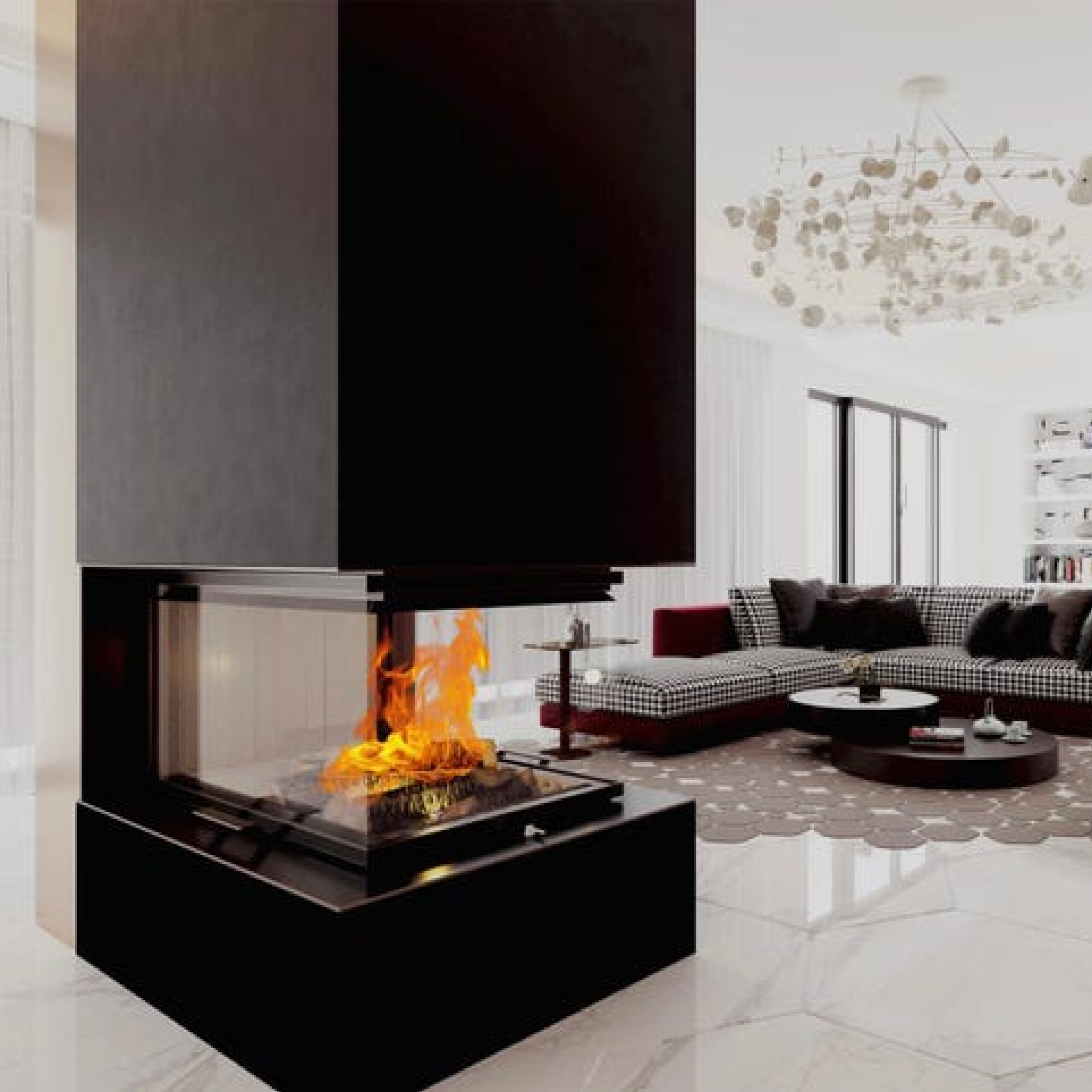 Focar de șemineu - A.caminetti Crystal 3D 50/50 Premium Edition - Geam panoramic 3 suprafețe vitrate, 13 KW, randament >80%, încorporabil, Garanție 5 ani.