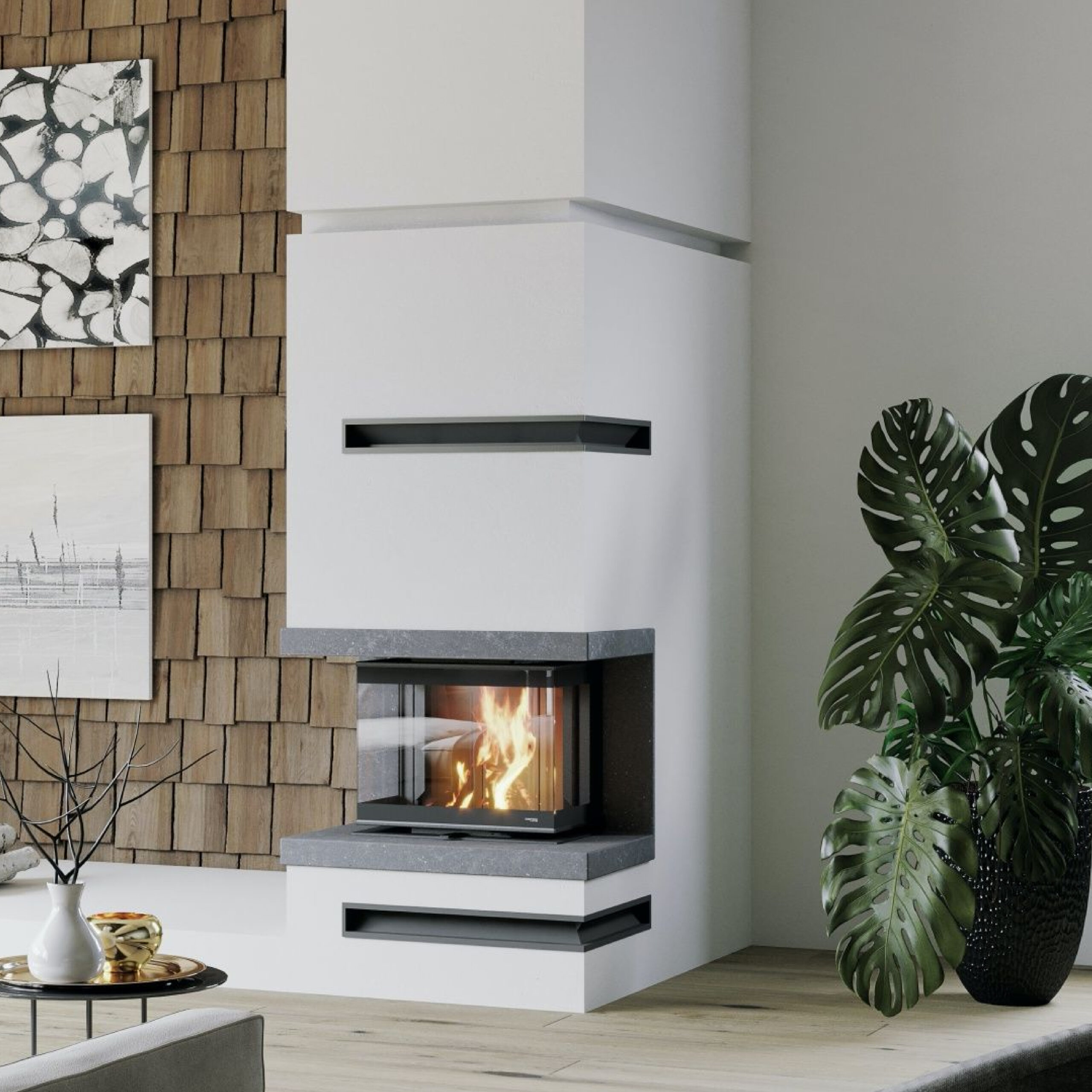 Focar de șemineu - A.caminetti Crystal 50 PRO OPEN SIDE - Geam panoramic 3 suprafețe vitrate, 10 KW, randament >75%, încorporabil, Garanție 5 ani.