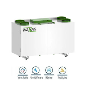 Wanas 430 V Prestige, unitate de ventilație cu recuperare căldură, umidificare, răcire și încălzire  a aerului, debit maxim 430 m³/h, suprafața recomandată 250 m² , eficiență în recuperarea căldurii 82,6%. Garanție 2 ani!