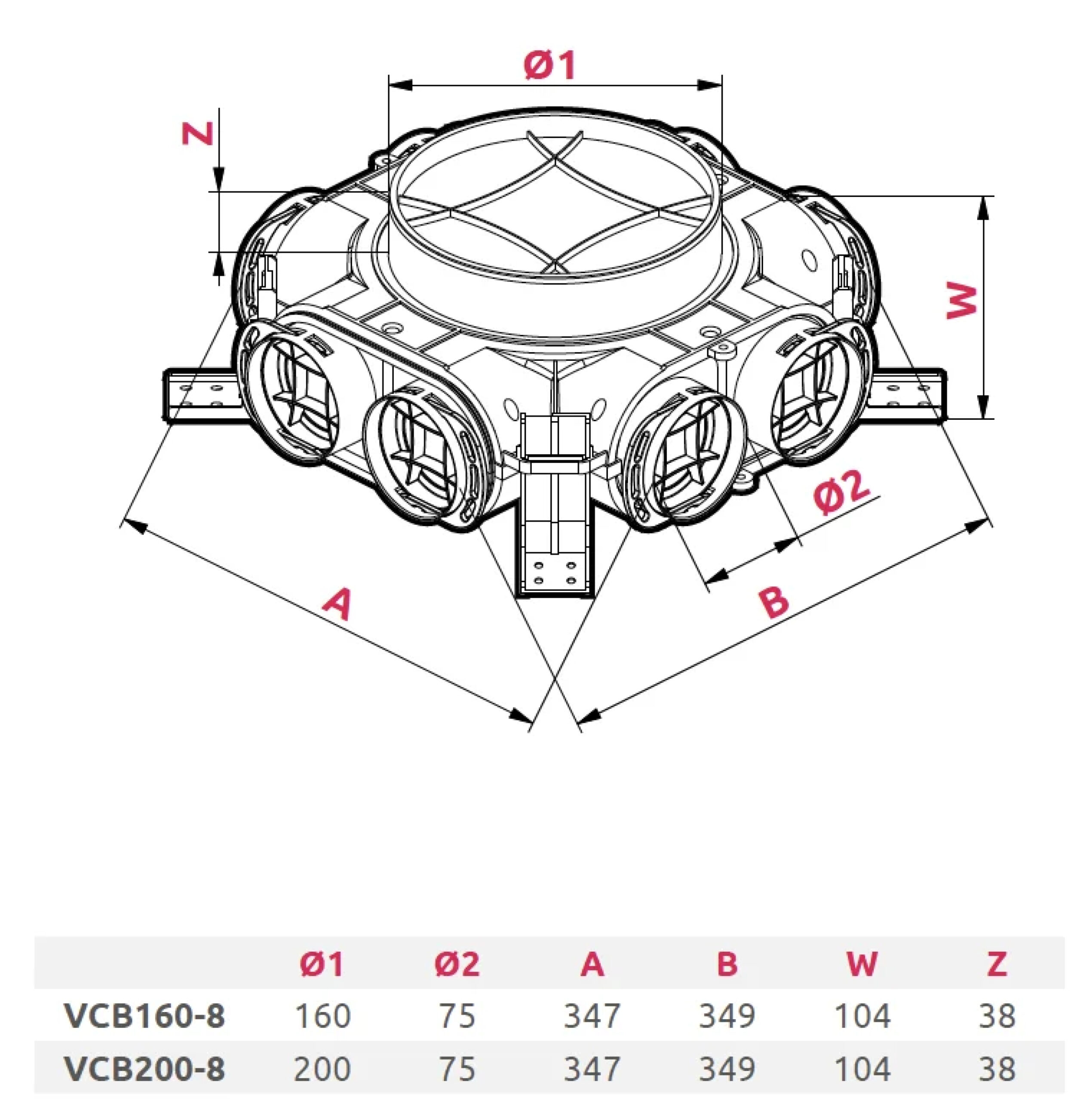 Cutie de distribuție Awenta cu racord vertical central Ø160 mm, 8 prize x Ø75 mm, suprafețe antibacteriene, antistatice, antifungice. Garanție 2 ani!