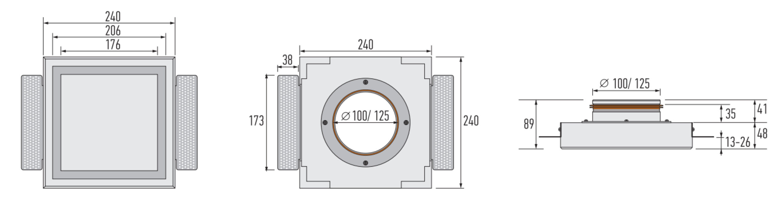 Grilă de ventilație încastrată în rigips, Ergovent KVADRO125, Ø125 mm, debit max. 92 m³/h, material Gips de înaltă densitate, panou frontal pătrat. Garanție 2 ani!