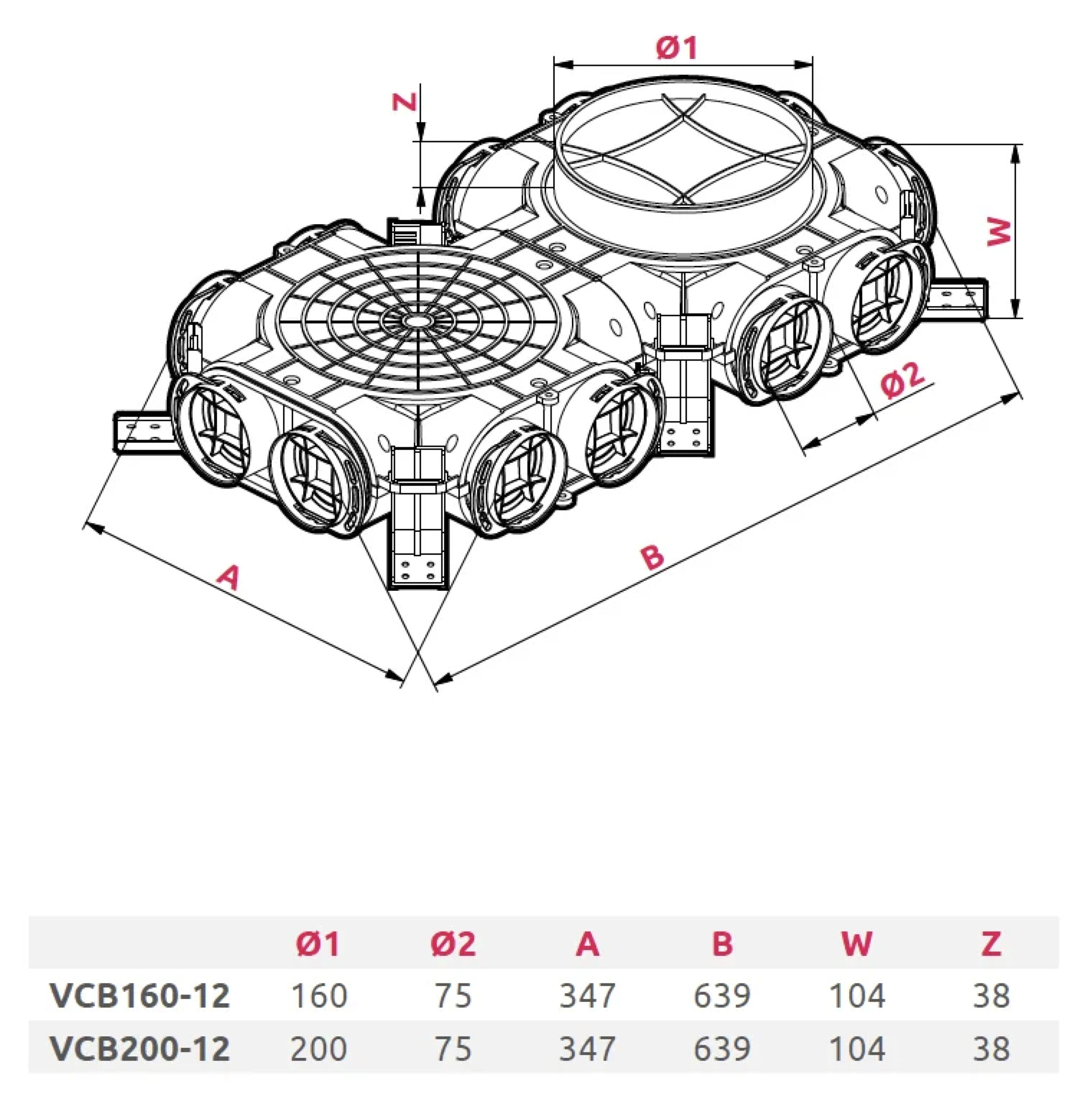 Cutie de distribuție Awenta cu racord vertical central Ø160 mm, 12 prize x Ø75 mm, suprafețe antibacteriene, antistatice, antifungice. Garanție 2 ani!