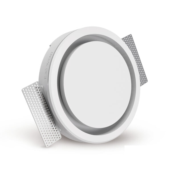 Grilă de ventilație încastrată în rigips, Ergovent RONDO125, Ø125 mm, debit max. 90 m³/h, material Gips de înaltă densitate, panou frontal rotund. Garanție 2 ani!