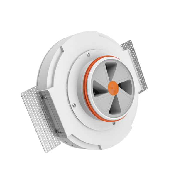 Grilă de ventilație încastrată în rigips, Ergovent RONDO125, Ø125 mm, debit max. 90 m³/h, material Gips de înaltă densitate, panou frontal rotund. Garanție 2 ani!