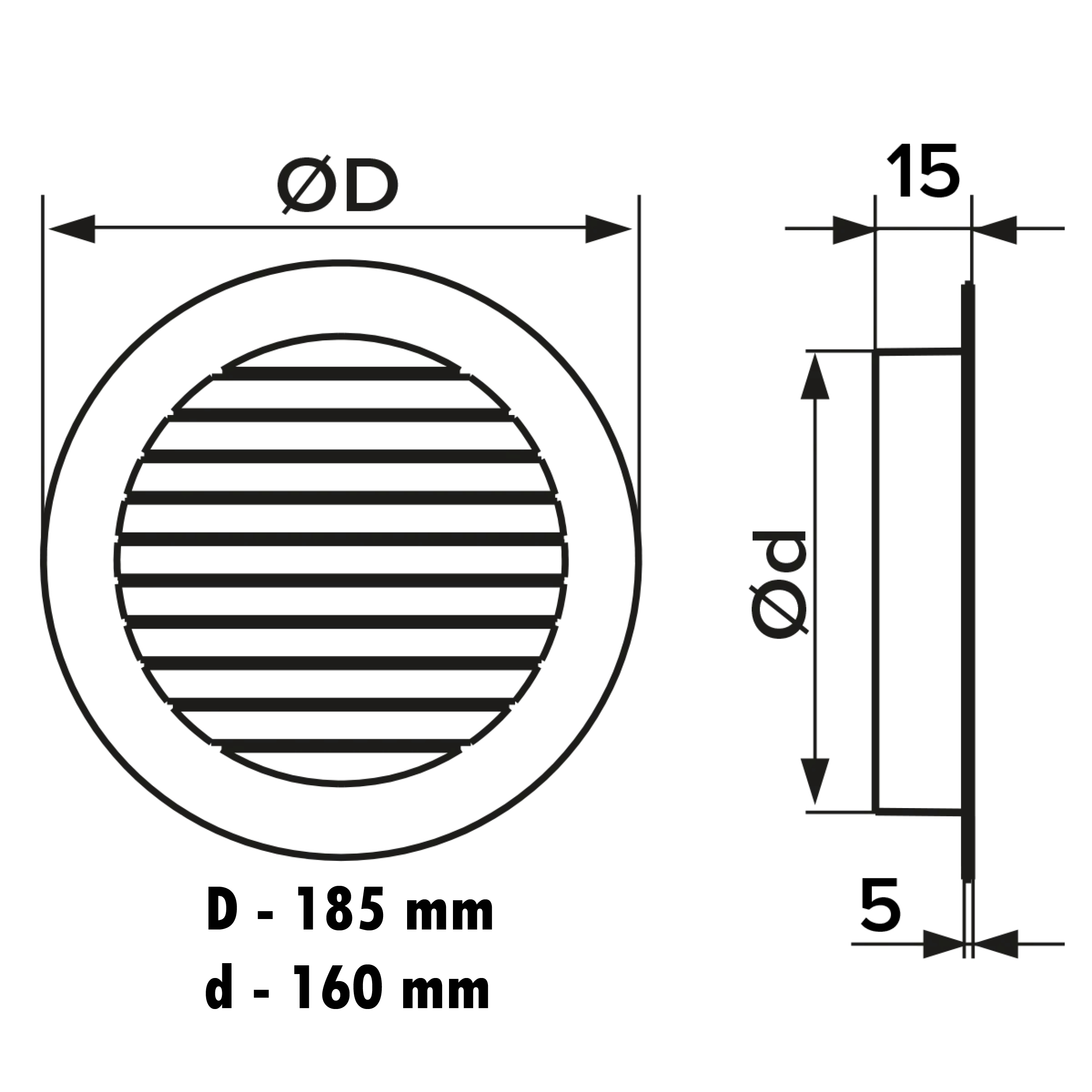 Grilă ventilație rotundă Ø160mm, exterior Ø185mm, material Aluminiu. Garanție 2 ani!