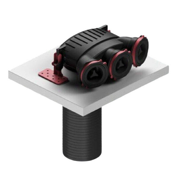 Plenum alimentare/evacuare cu tehnologie OneClick® HEATPEX ARIA CONNECT, 3 prize x Ø75 [mm], terminal Ø125 [mm], material PP, suprafață antibacteriană, clasă etanșeitate ATC 1. Garanție 2 ani.