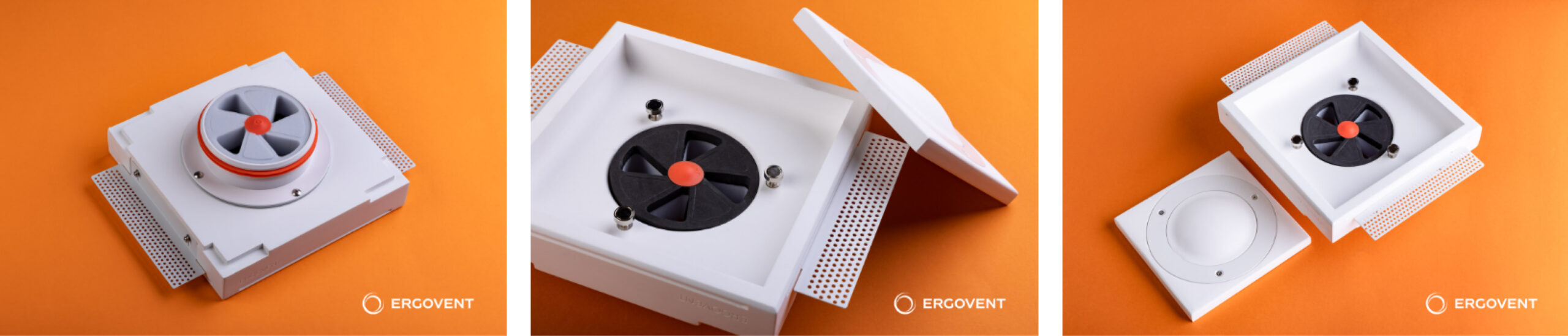 Grilă de ventilație încastrată în rigips, Ergovent KVADRO125, Ø125 mm, debit max. 92 m³/h, material Gips de înaltă densitate, panou frontal pătrat. Garanție 2 ani!