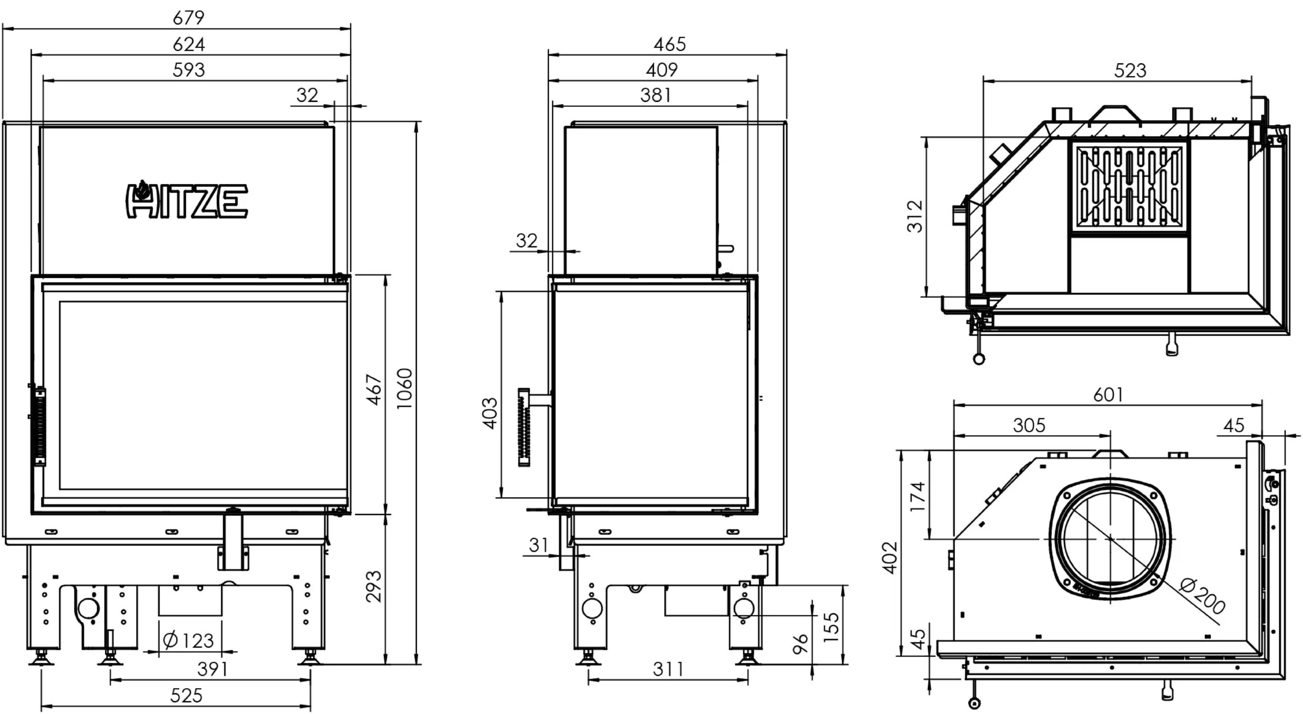 Focar pentru șemineu pe colt dreapta (R), Hitze Albero AL11R.H-D, putere 11 KW, randament 83%, clasa energetică A+, certificat EcoDesign. Garanție 5 ani!