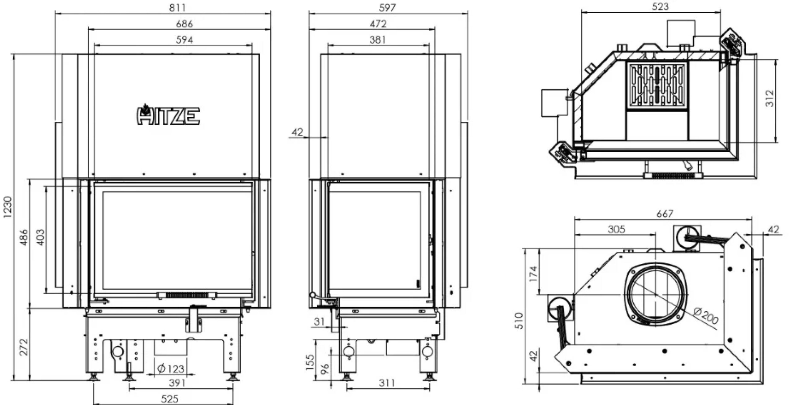 Focar pentru șemineu pe colt dreapta (R), Hitze Albero AL11RG.H-D, putere 11 KW, randament 83%, clasa energetică A+, certificat EcoDesign. Garanție 5 ani!