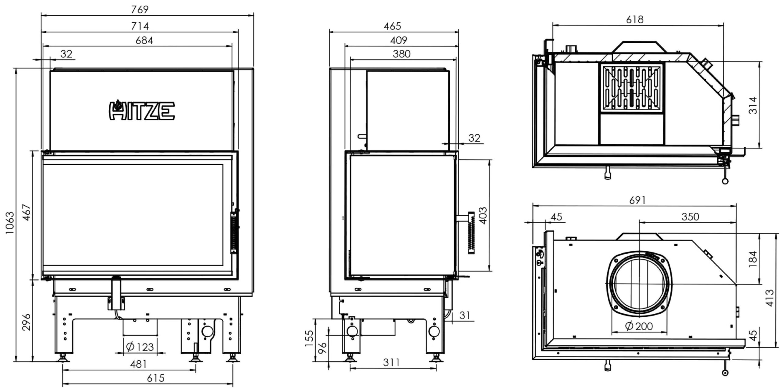 Focar pentru șemineu pe colt stânga (L), Hitze Albero AL14L.H-D, putere 14 KW, randament 83%, clasa energetică A+, certificat EcoDesign. Garanție 5 ani!
