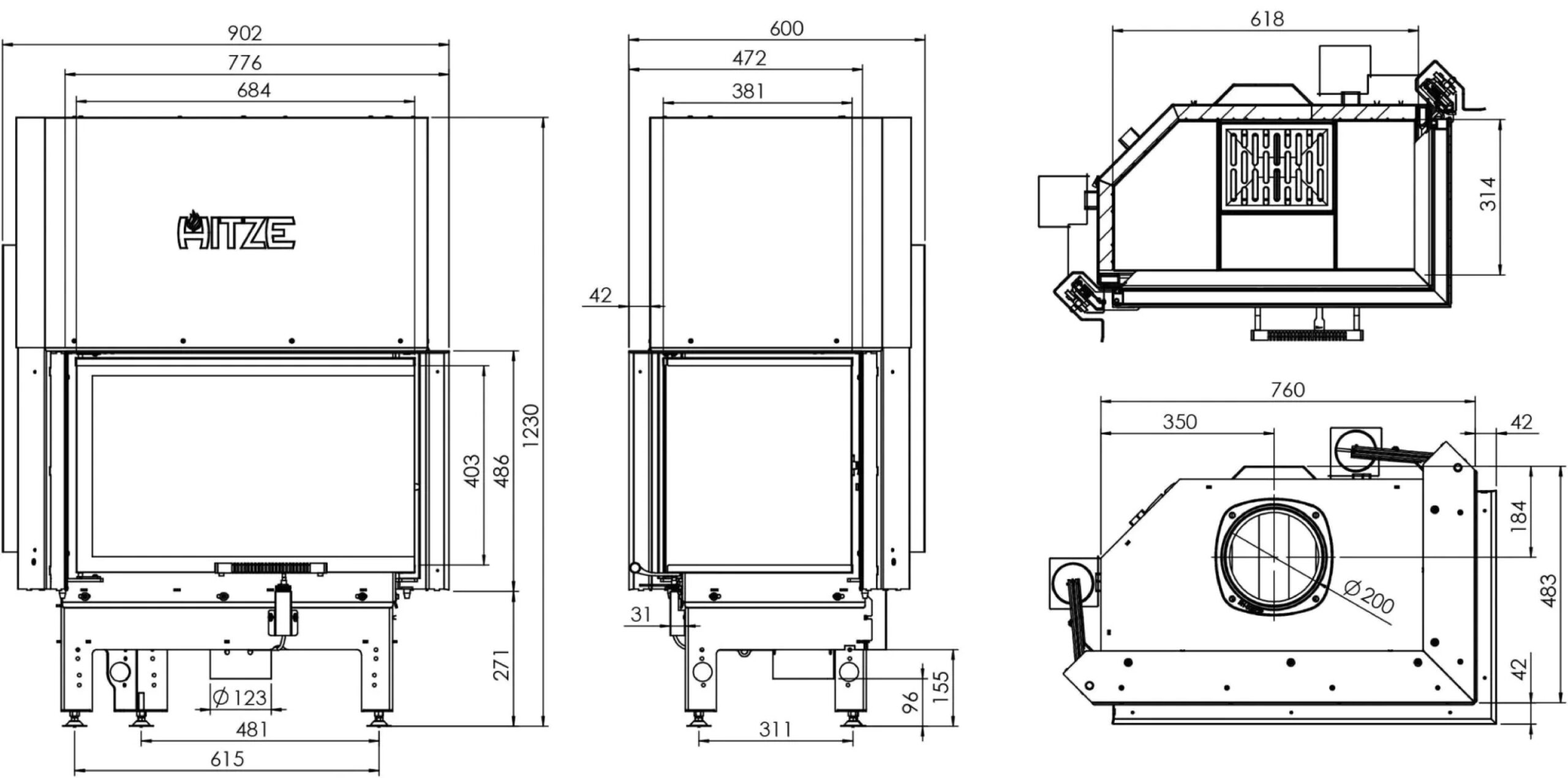 Focar pentru șemineu pe colt dreapta (R), Hitze Albero AL14RG.H-D, putere 14 KW, randament 83%, clasa energetică A+, certificat EcoDesign. Garanție 5 ani!