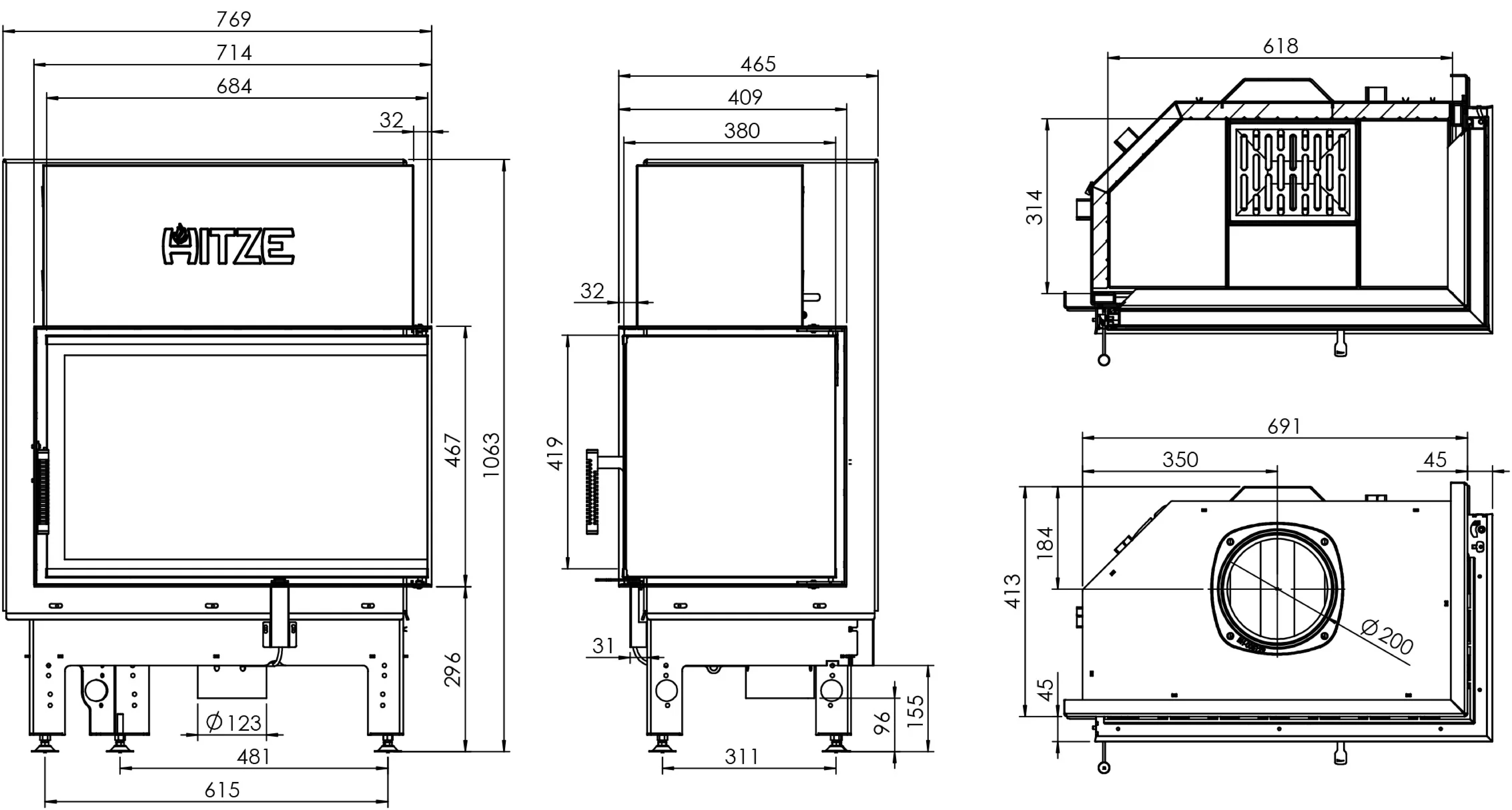 Focar pentru șemineu pe colt dreapta (R), Hitze Albero AL14R.H-D, putere 14 KW, randament 83%, clasa energetică A+, certificat EcoDesign. Garanție 5 ani!