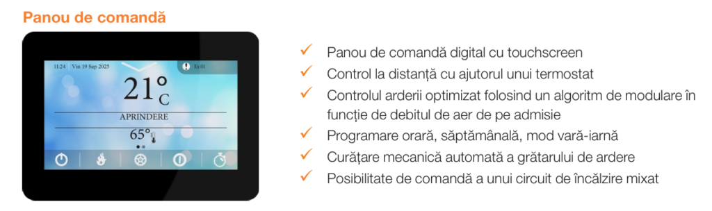 Cazane din otel cu functionare pe peleti Ferroli BioPellet Top 30 kw, 3 sisteme de curățare, panou de comandă digital cu touch