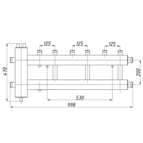 Ansamblu distribuitor + Butelie egalizare 1 1/4" - 1", iesiri sus, 3+1 cai Termax KSH32G125.200
