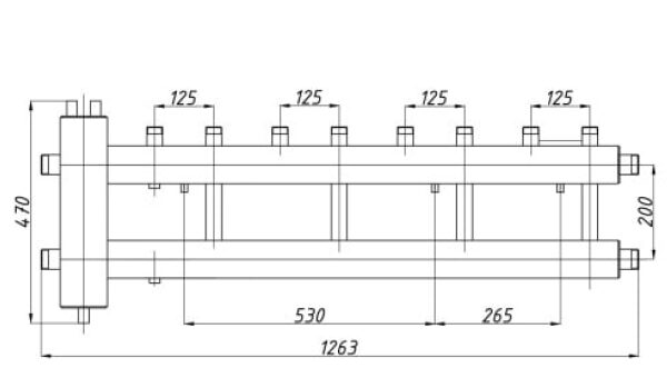 Ansamblu distribuitor + Butelie egalizare 1 1/4" - 1", iesiri sus, 4+1 cai Termax KSH42G125.200
